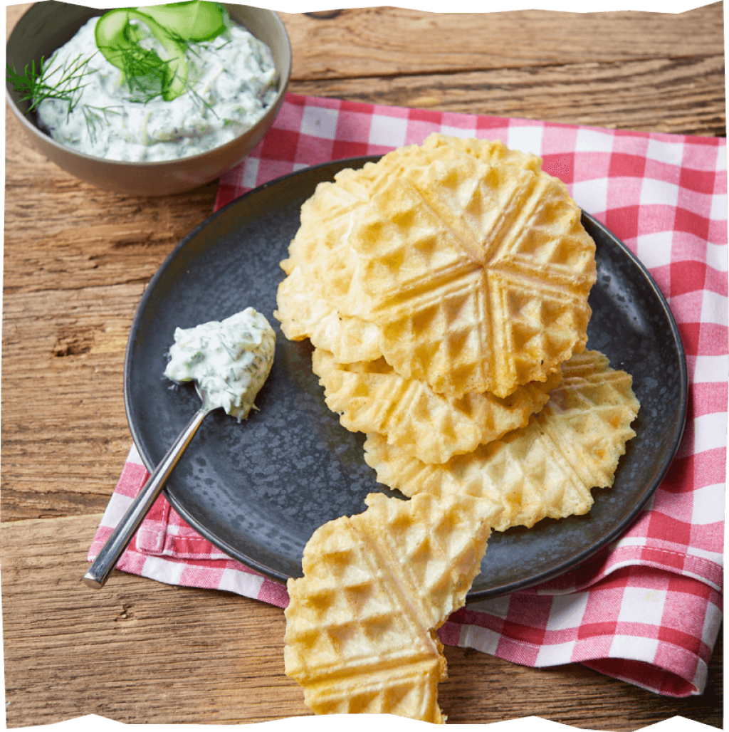 Waffeln aus Mini-Knödeln mit leckerem Dip.