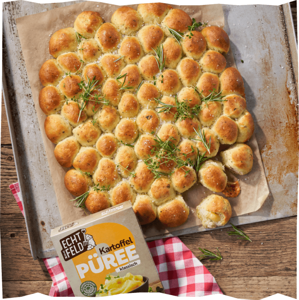 Echt vom Feld Bubble-Bread, Ofenbrot, Kartoffelbrot mit Käse und Kräutern aus klassischem Kartoffelpüree.